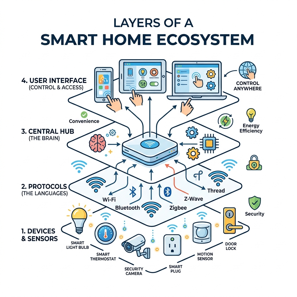Layers of a smart home ecosystem: devices, protocols, hub, and user interface - home automation tips infographic Layers of a smart home ecosystem: devices, protocols, hub, and user interface - home automation tips infographic
