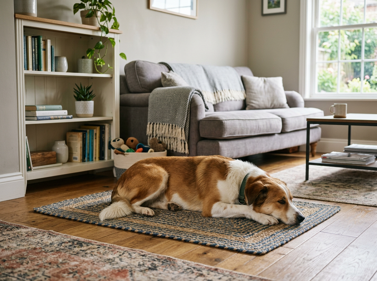 A calm dog lying on a place mat inside a organized household living space A calm dog lying on a place mat inside a organized household living space