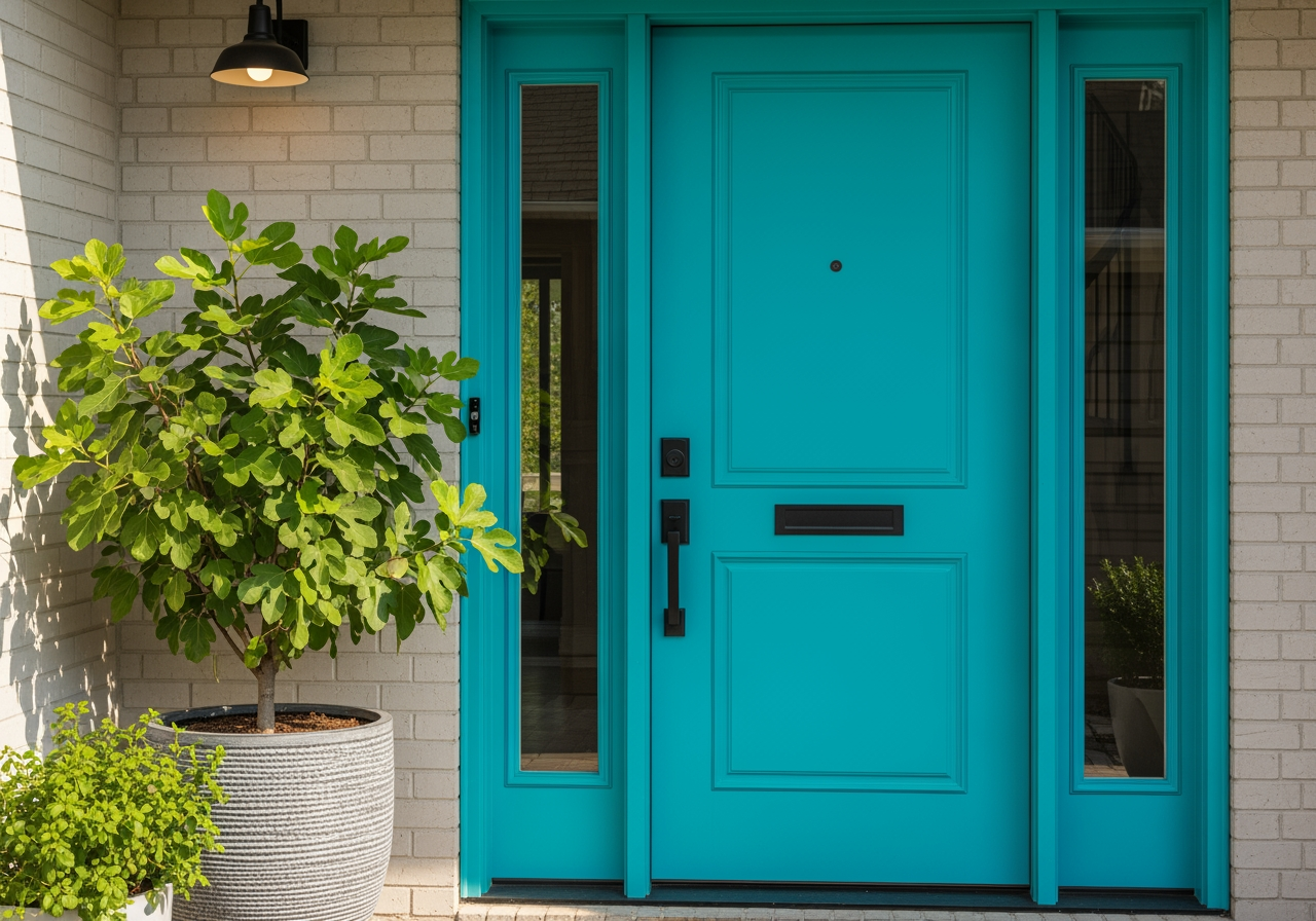 brightly colored front door with modern black hardware and a large potted plant beside it - garage door repair chambersburg pa