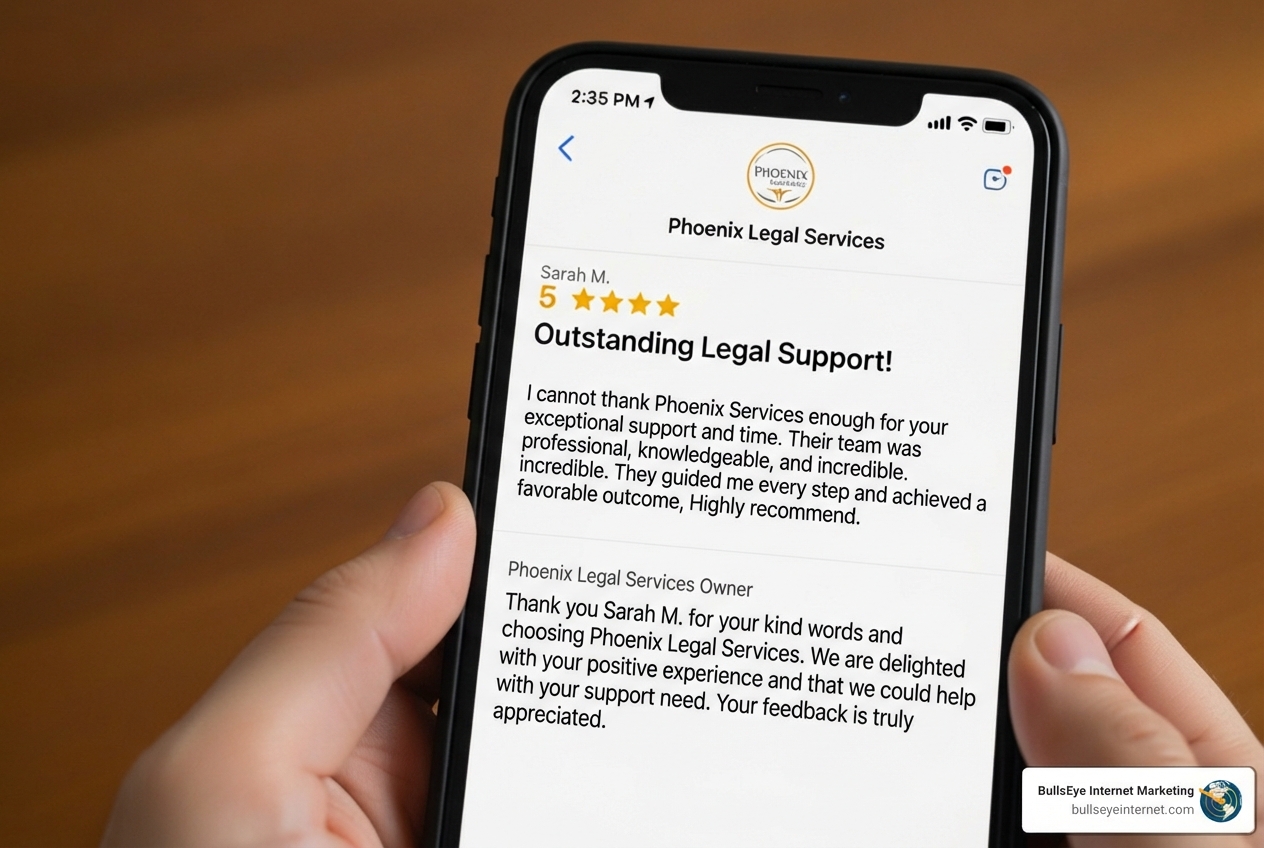 A 5-star Google review for an estate planning lawyer, highlighting positive feedback and a professional response. - Estate planning SEO Hand holding smartphone displaying a positive review for Phoenix Legal Services, highlighting outstanding legal support and client satisfaction, relevant to estate planning SEO and online reputation management.