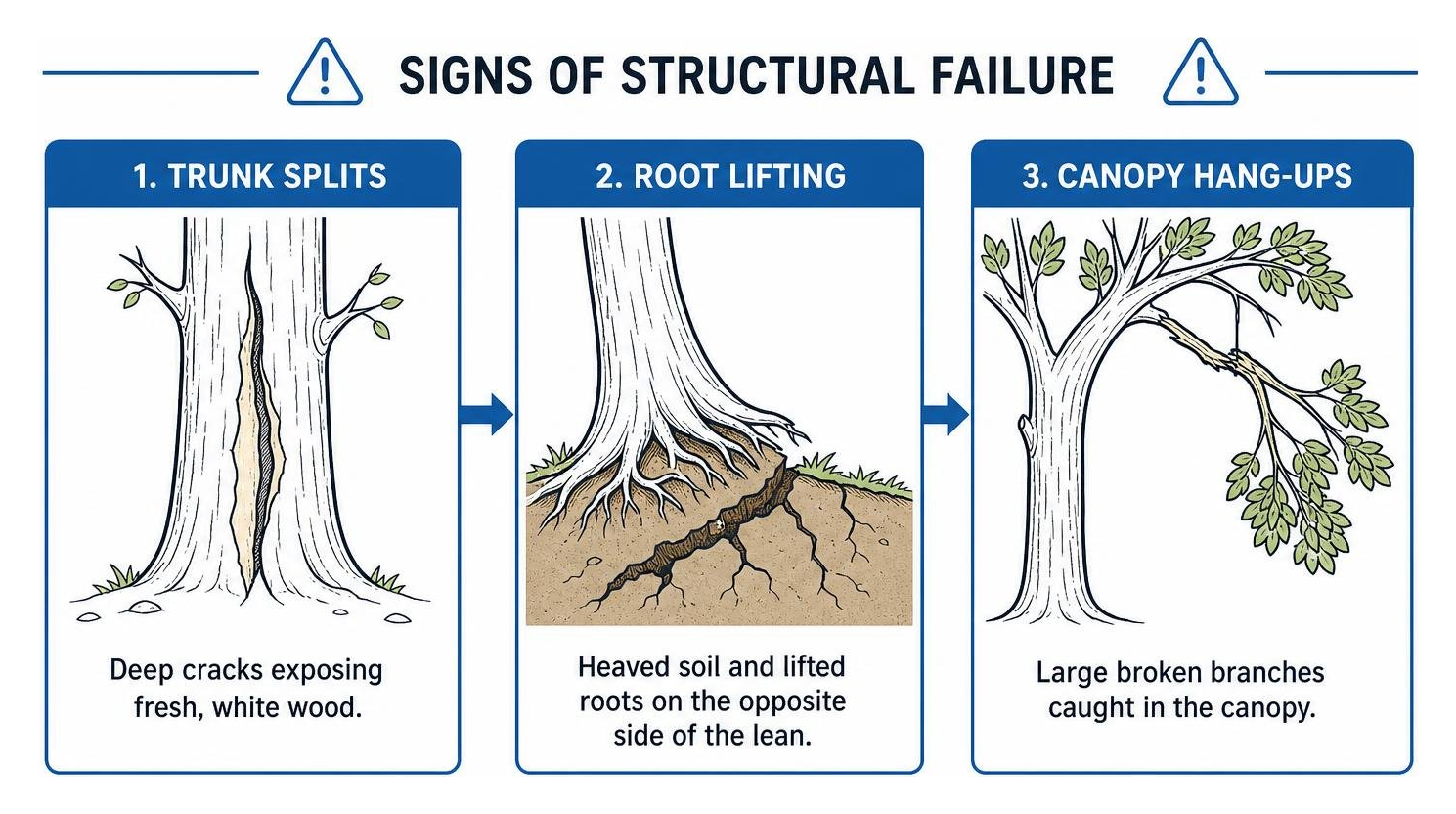 Illustration of tree structural failure signs including trunk splits, root lifting, and canopy hang-ups Illustration of tree structural failure signs including trunk splits, root lifting, and canopy hang-ups