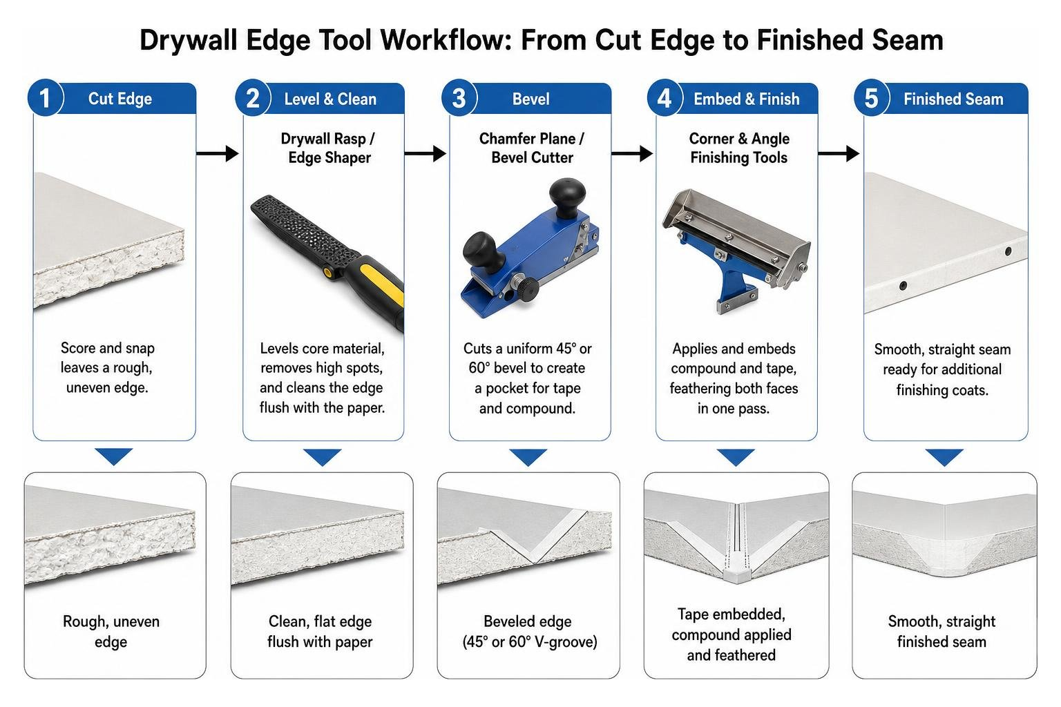 Drywall edge tool workflow from cut edge to finished seam Drywall edge tool workflow from cut edge to finished seam