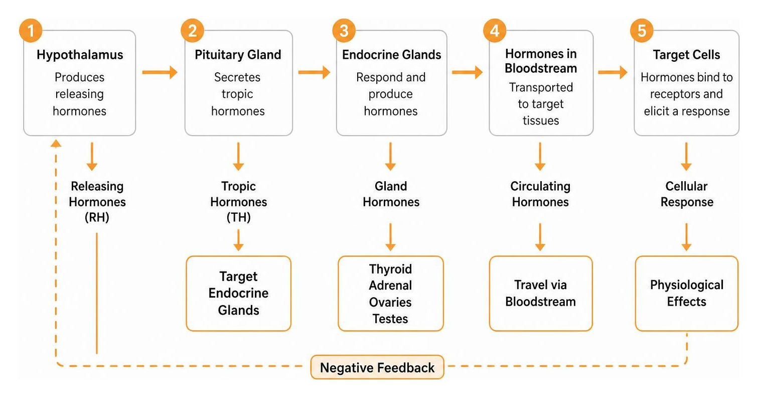 Sequence of hormone biological signaling from pituitary axis to target endocrine glands