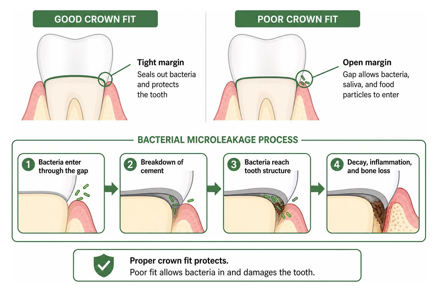 Diagram showing crown margin fit and bacterial microleakage process