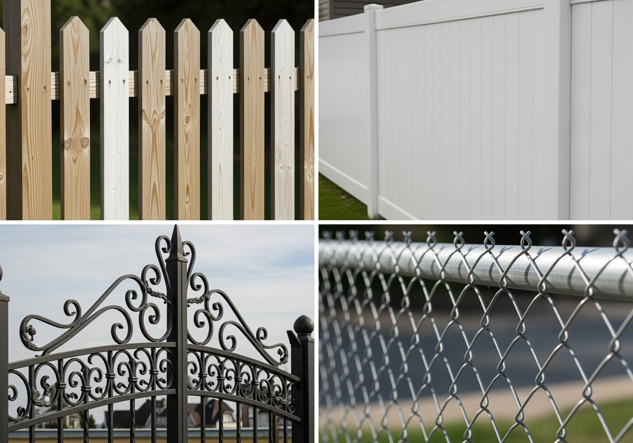 A collage showing different fence materials like wood, vinyl, iron, and chain-link - fence replacement cost