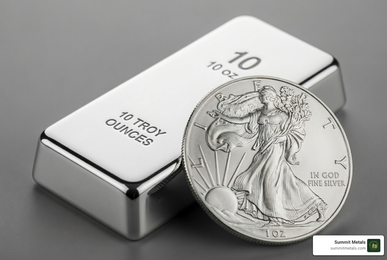 10 oz silver bar next to an American Silver Eagle coin - investing in silver bars