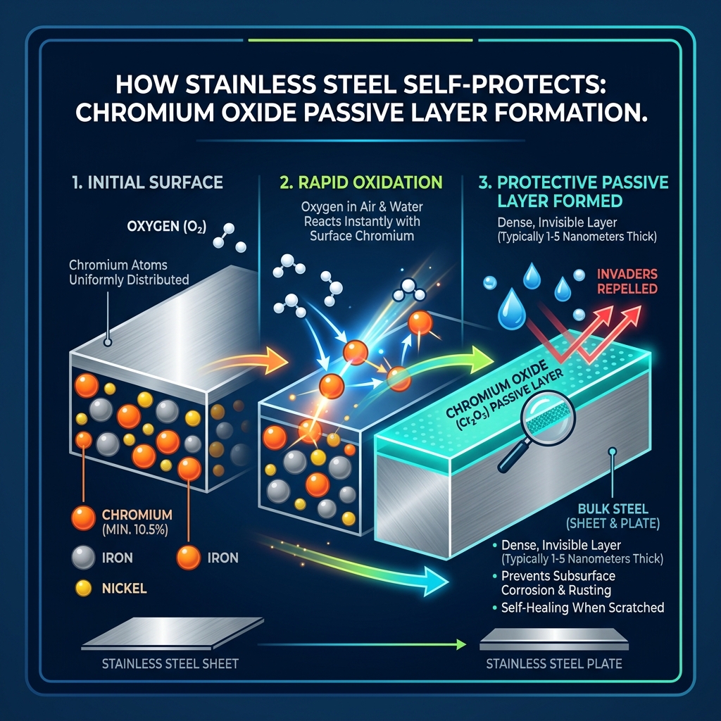 Infographic showing chromium oxide passive layer formation on stainless steel sheet and plate - stainless steel sheet & Infographic showing chromium oxide passive layer formation on stainless steel sheet and plate - stainless steel sheet &