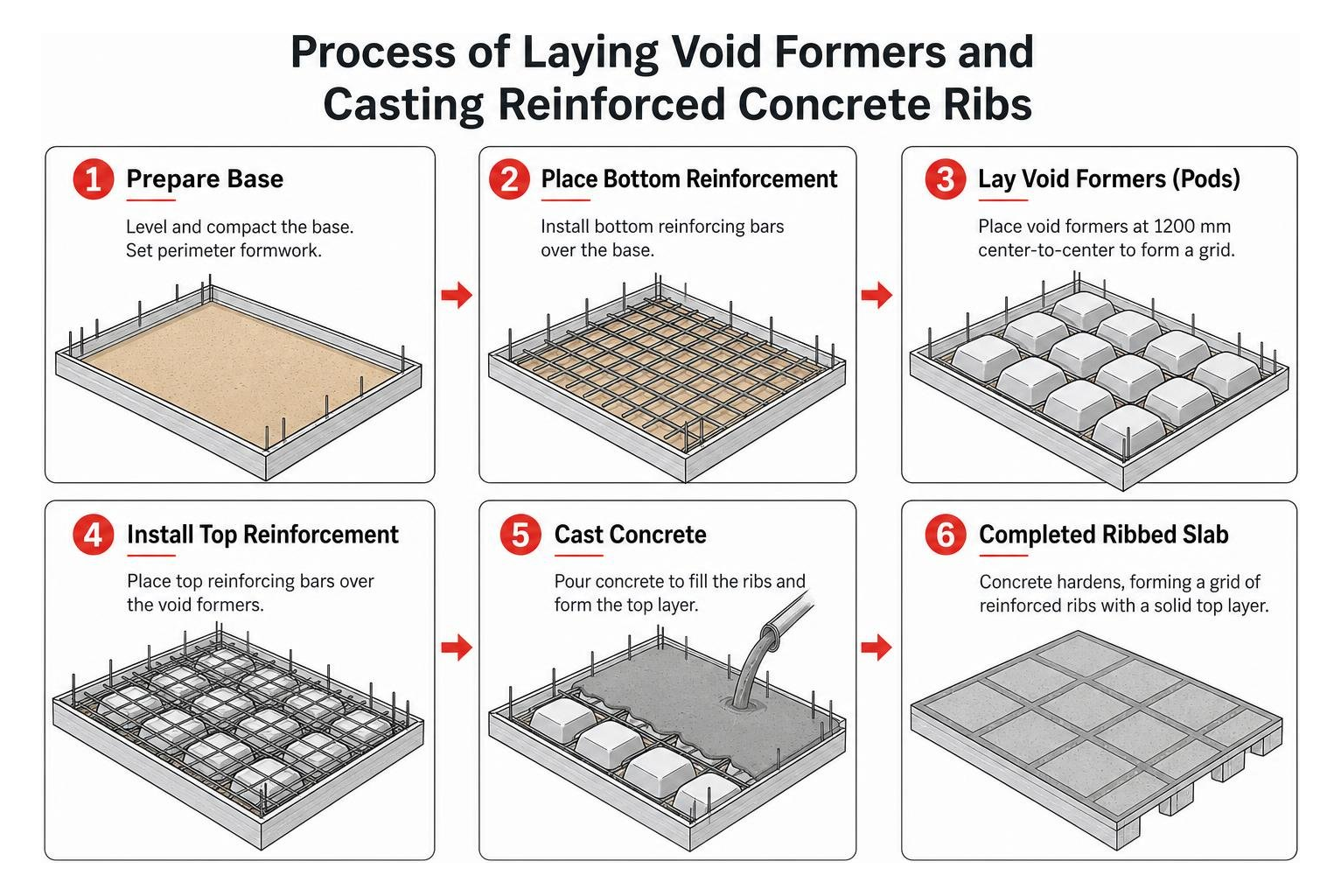 Process of laying void formers and casting reinforced concrete ribs Process of laying void formers and casting reinforced concrete ribs