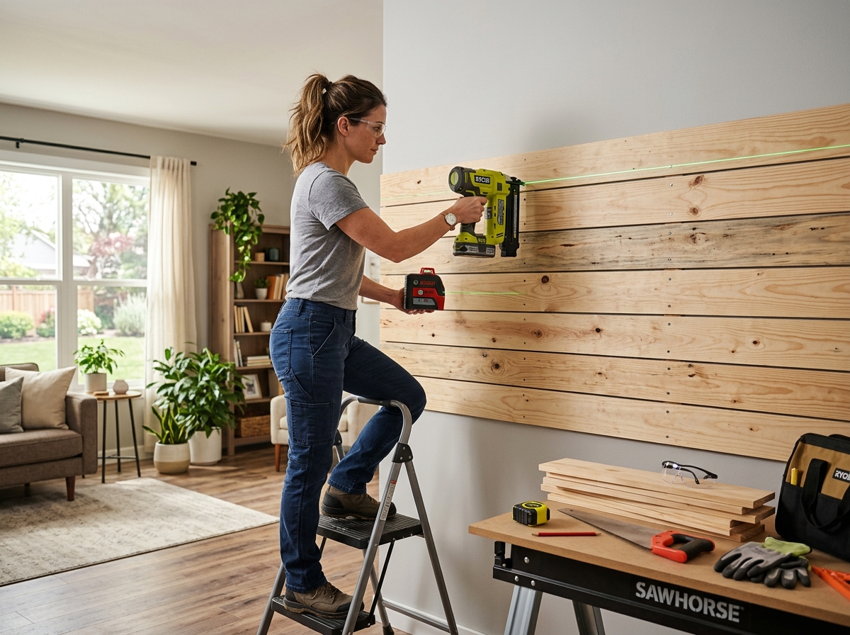 DIYer installing wood planks on a wall with a level and nail gun - diy wood accent wall DIYer installing wood planks on a wall with a level and nail gun - diy wood accent wall