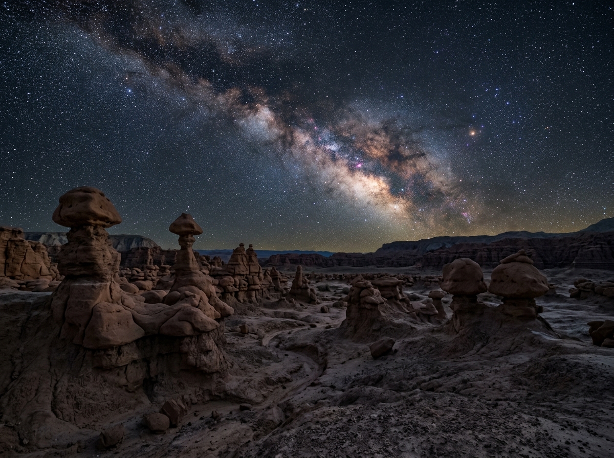 Milky Way stretching over the unique rock hoodoos of Goblin Valley State Park - dark site astrophotography locations