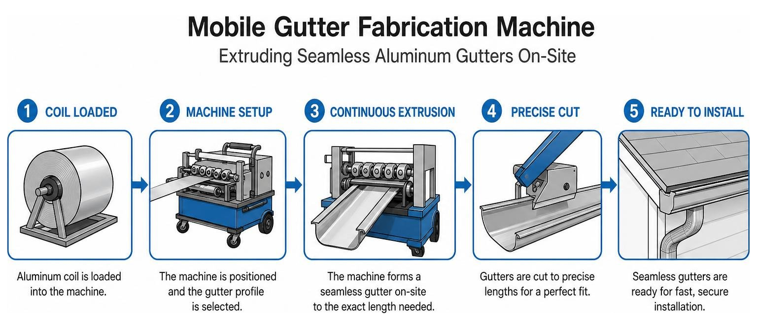 Mobile gutter fabrication machine extruding seamless aluminum gutters on-site