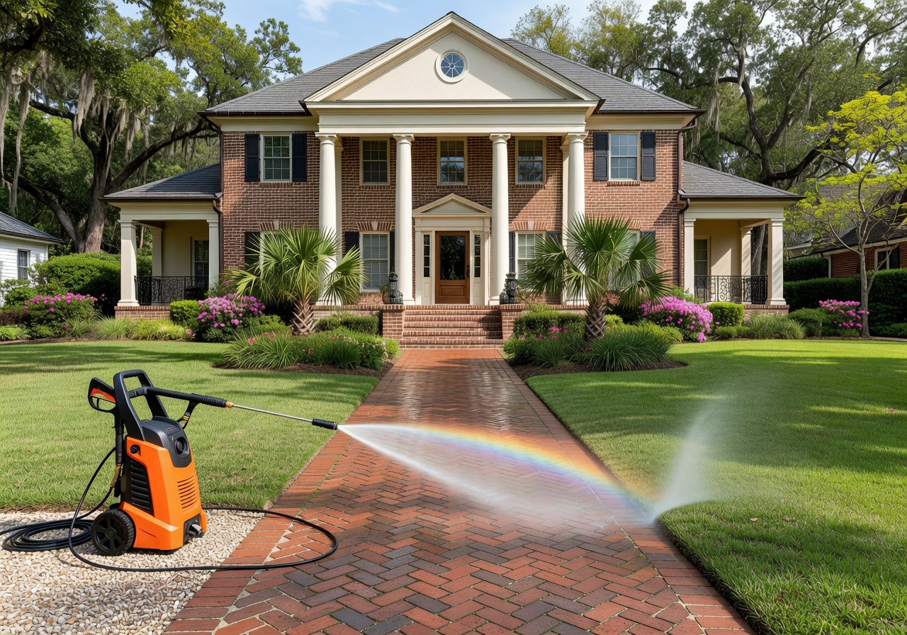 professional technician cleaning a brick walkway with precision - pressure washing near me prices