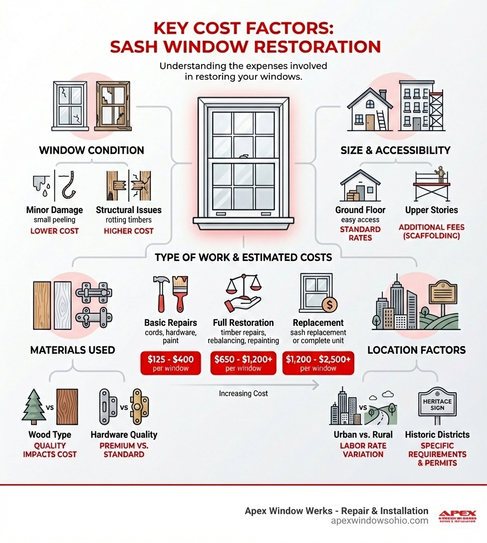 Infographic showing the key cost factors for sash window restoration including window condition (minor damage vs. structural issues), size and accessibility (ground floor vs. upper stories requiring scaffolding), type of work needed (basic repairs $125-$400, full restoration $650-$1,200+, replacement $1,200-$2,500+), materials used (wood type and hardware quality), and location factors (urban vs. rural labor rates, historic district requirements) - cost of sash window restoration infographic 