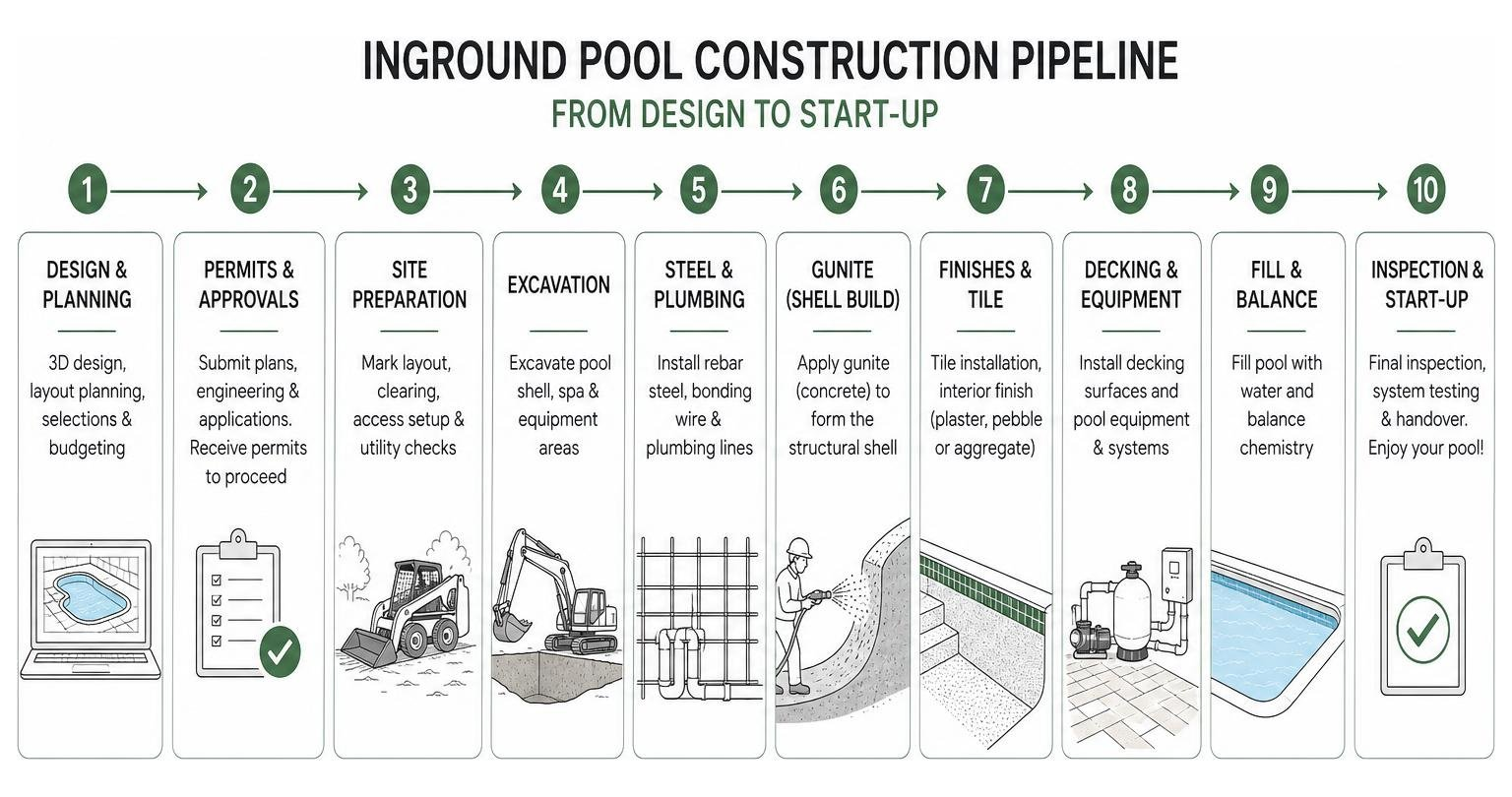 Inground pool construction pipeline from design to start-up