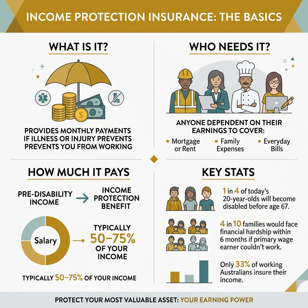 infographic showing income protection insurance basics: what it is, who needs it, how much it pays, and key stats - income infographic showing income protection insurance basics: what it is, who needs it, how much it pays, and key stats - income