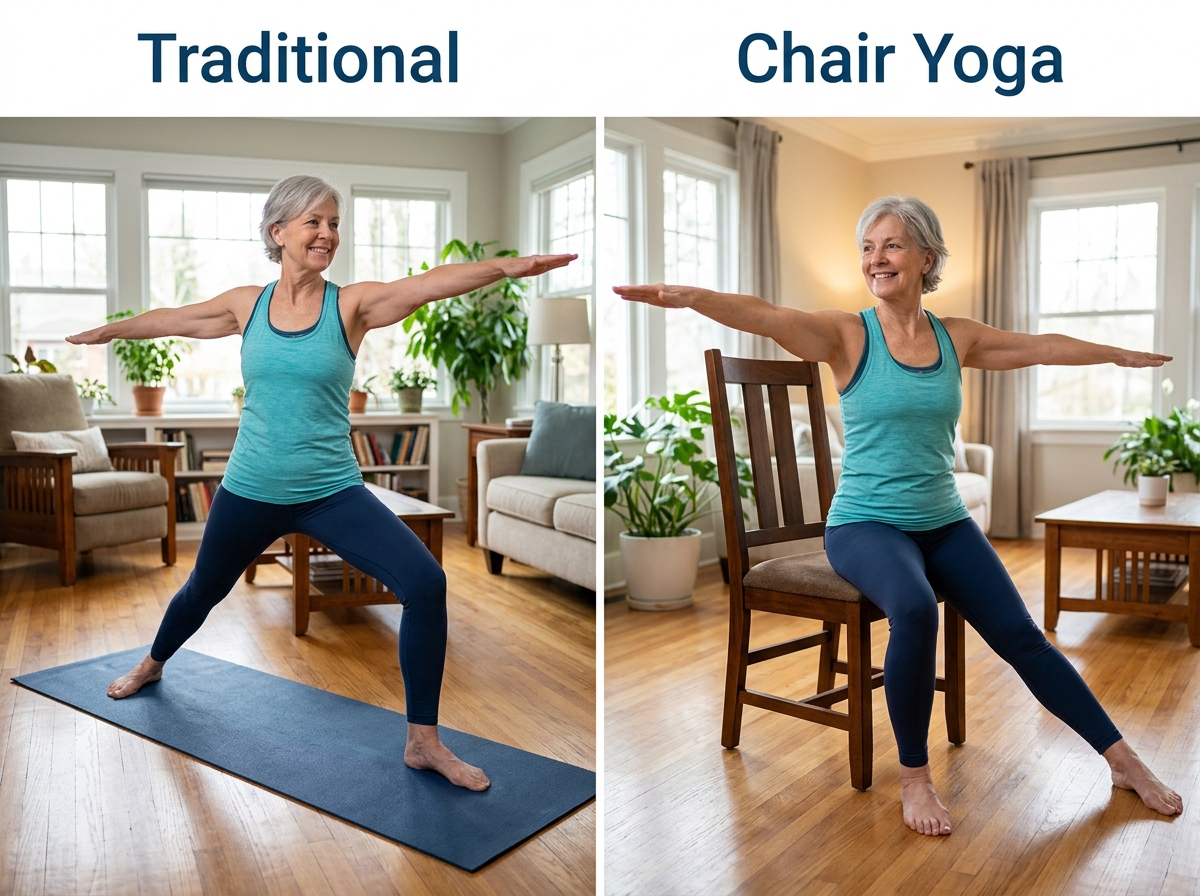 comparing a standard yoga pose to a seated version - chair yoga for seniors comparing a standard yoga pose to a seated version - chair yoga for seniors