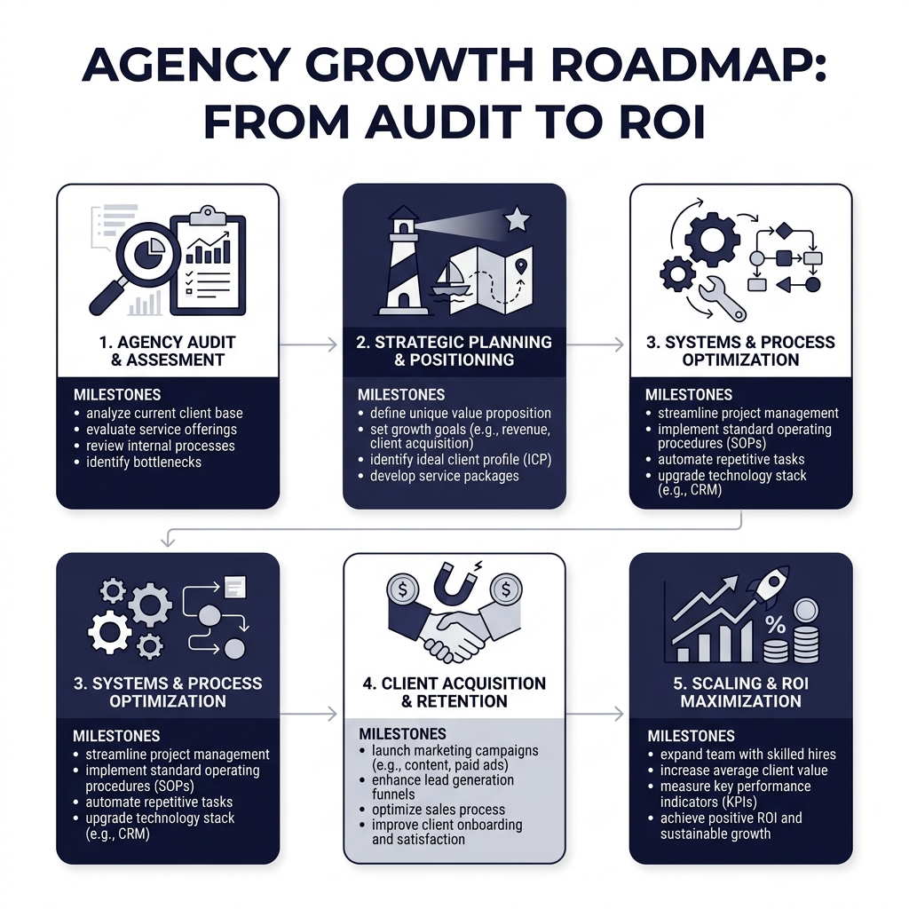 Agency growth roadmap infographic showing stages from audit to ROI with key milestones - digital marketing agency