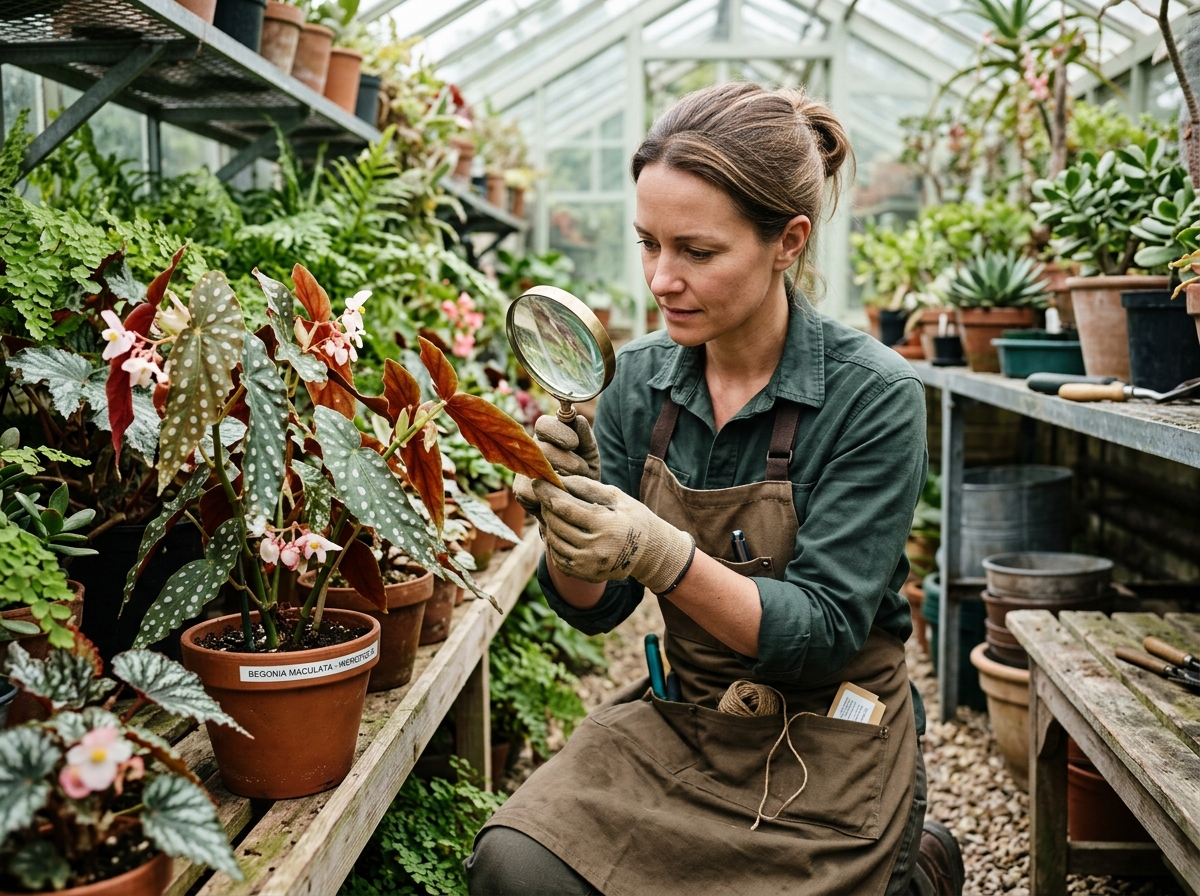 Gardener using a magnifying glass to inspect begonia leaves for tiny pests - bringing begonias inside for winter