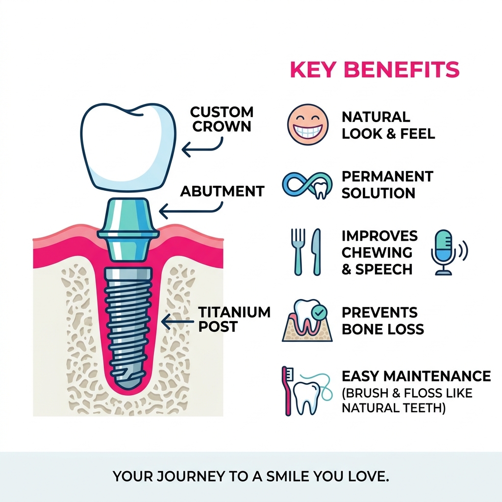 Infographic showing components of a dental implant: titanium post, abutment, and custom crown with key benefits - dental Infographic showing components of a dental implant: titanium post, abutment, and custom crown with key benefits - dental