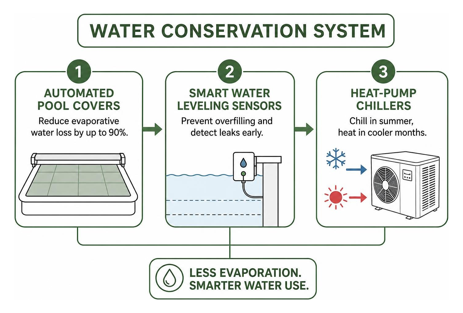 Diagram of water conservation system showing automatic covers, smart leveling, and chillers