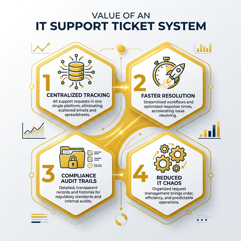 Infographic showing IT ticketing system value: centralized tracking, faster resolution, compliance audit trails, and reduced