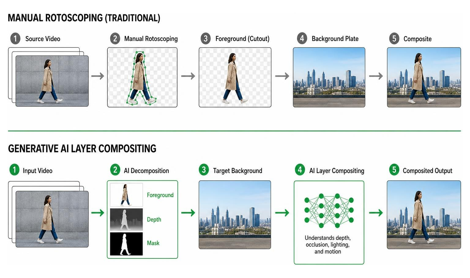 Visual comparison of manual rotoscoping vs generative AI layer compositing Visual comparison of manual rotoscoping vs generative AI layer compositing
