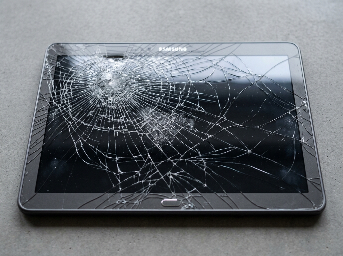 Shattered Samsung tablet display showing spiderweb cracks across the glass - Samsung screen repair Laurel