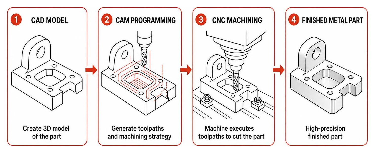 Digital manufacturing workflow from CAD model to CAM toolpaths and finished metal part