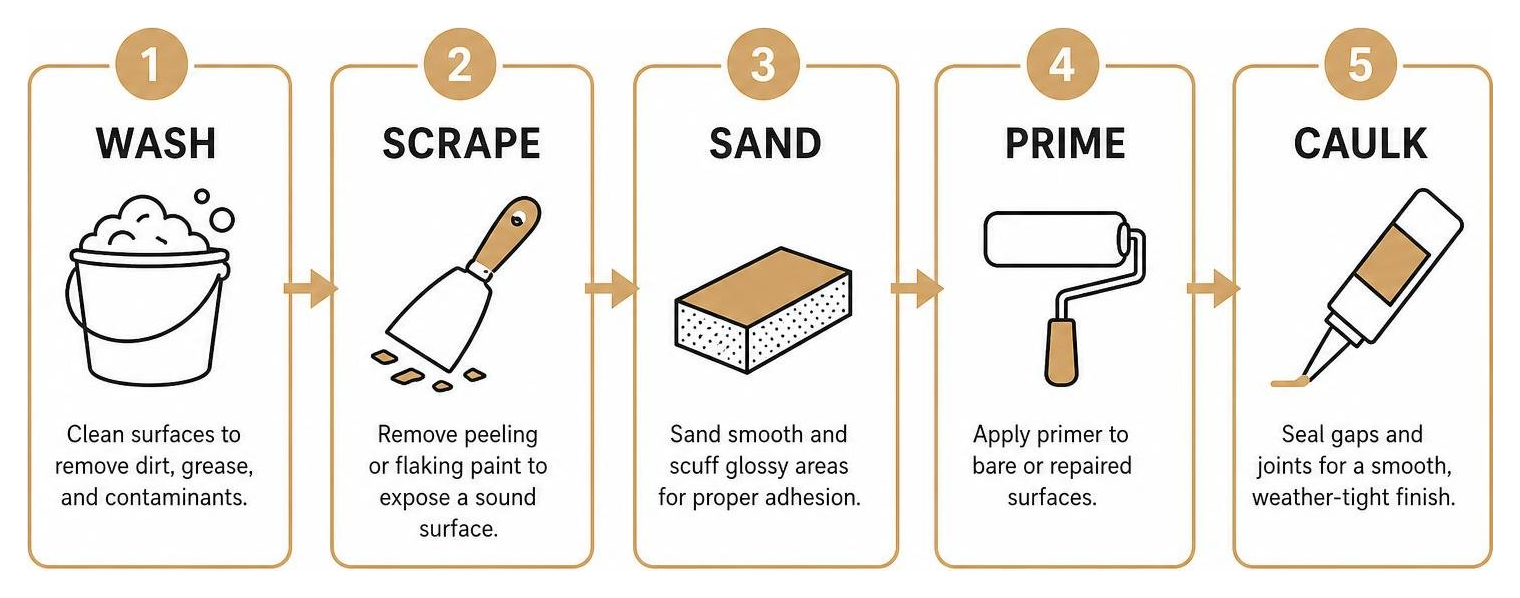 Surface preparation workflow: wash, scrape, sand, prime, and caulk