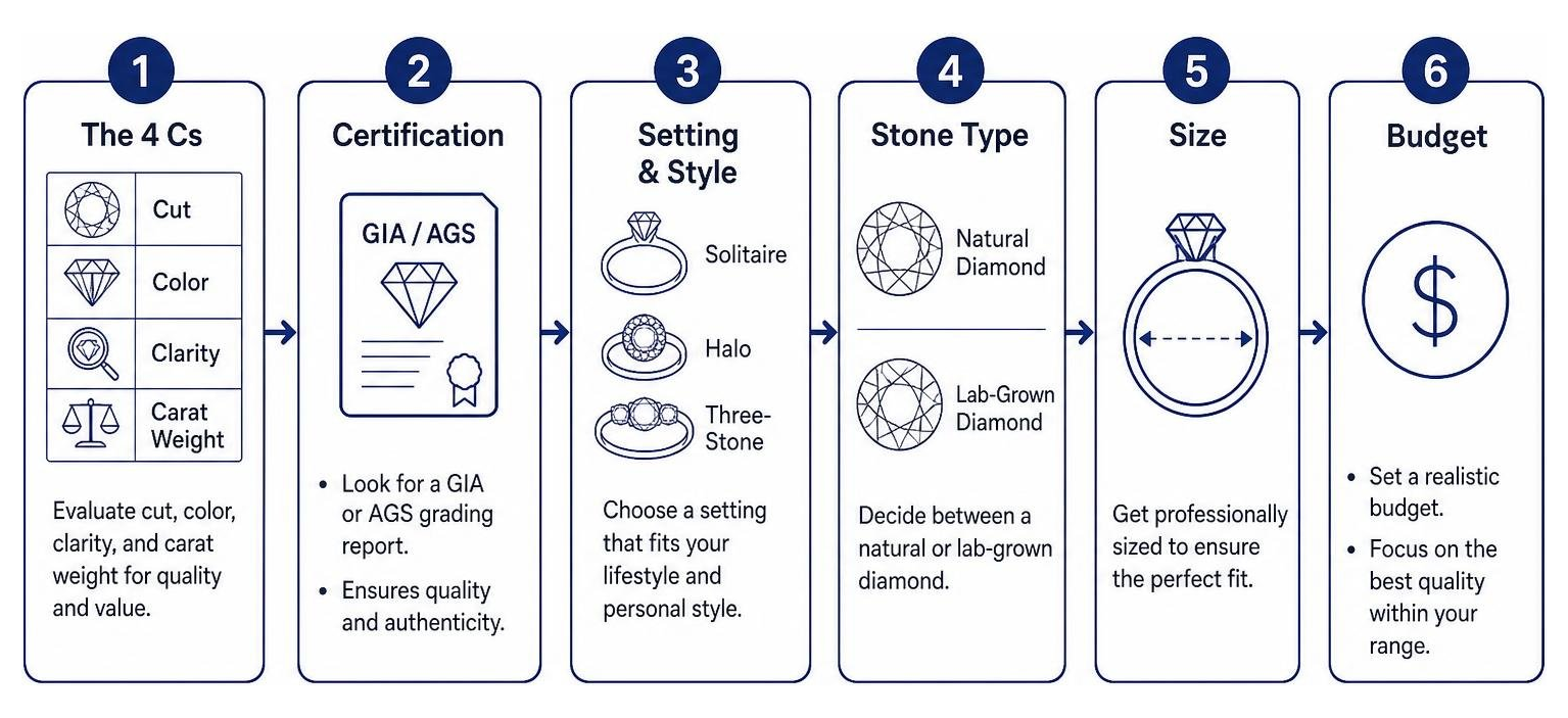 Step-by-step diamond ring buyer checklist infographic covering the 4 Cs, settings, certification, sizing, and budget Step-by-step diamond ring buyer checklist infographic covering the 4 Cs, settings, certification, sizing, and budget