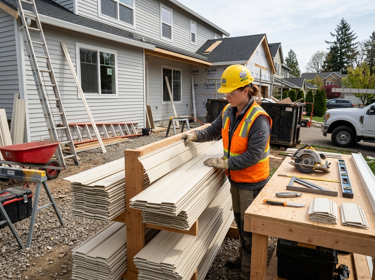 Worker organizing vinyl panels and preparing materials on a job site - general labor in siding Worker organizing vinyl panels and preparing materials on a job site - general labor in siding