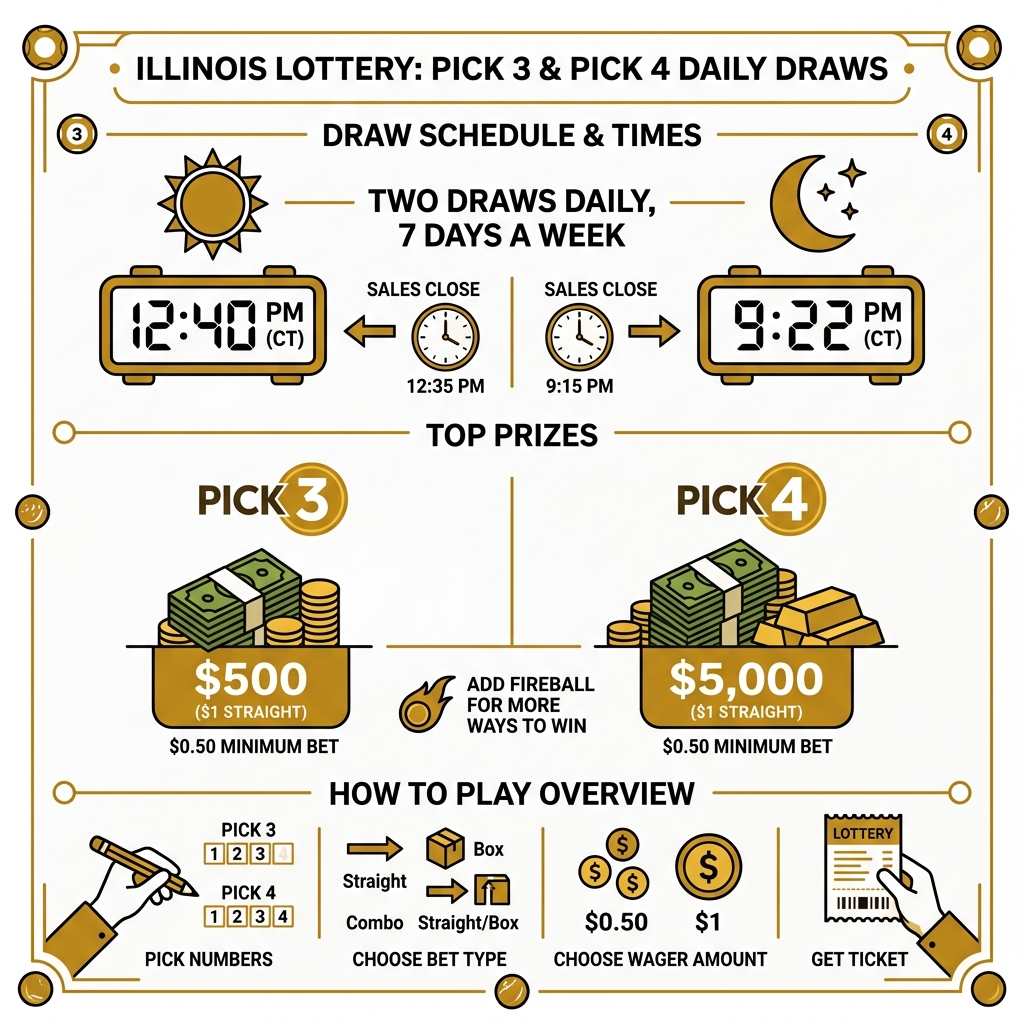Infographic showing Illinois Pick 3 and Pick 4 daily draw schedule, top prizes, and how to play overview - illinois lottery