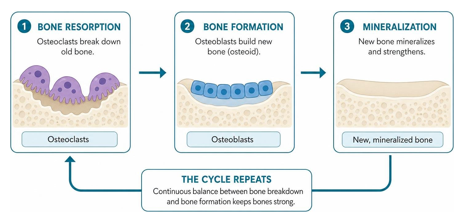 diagram of the bone remodeling cycle showing how osteoclasts and osteoblasts work together