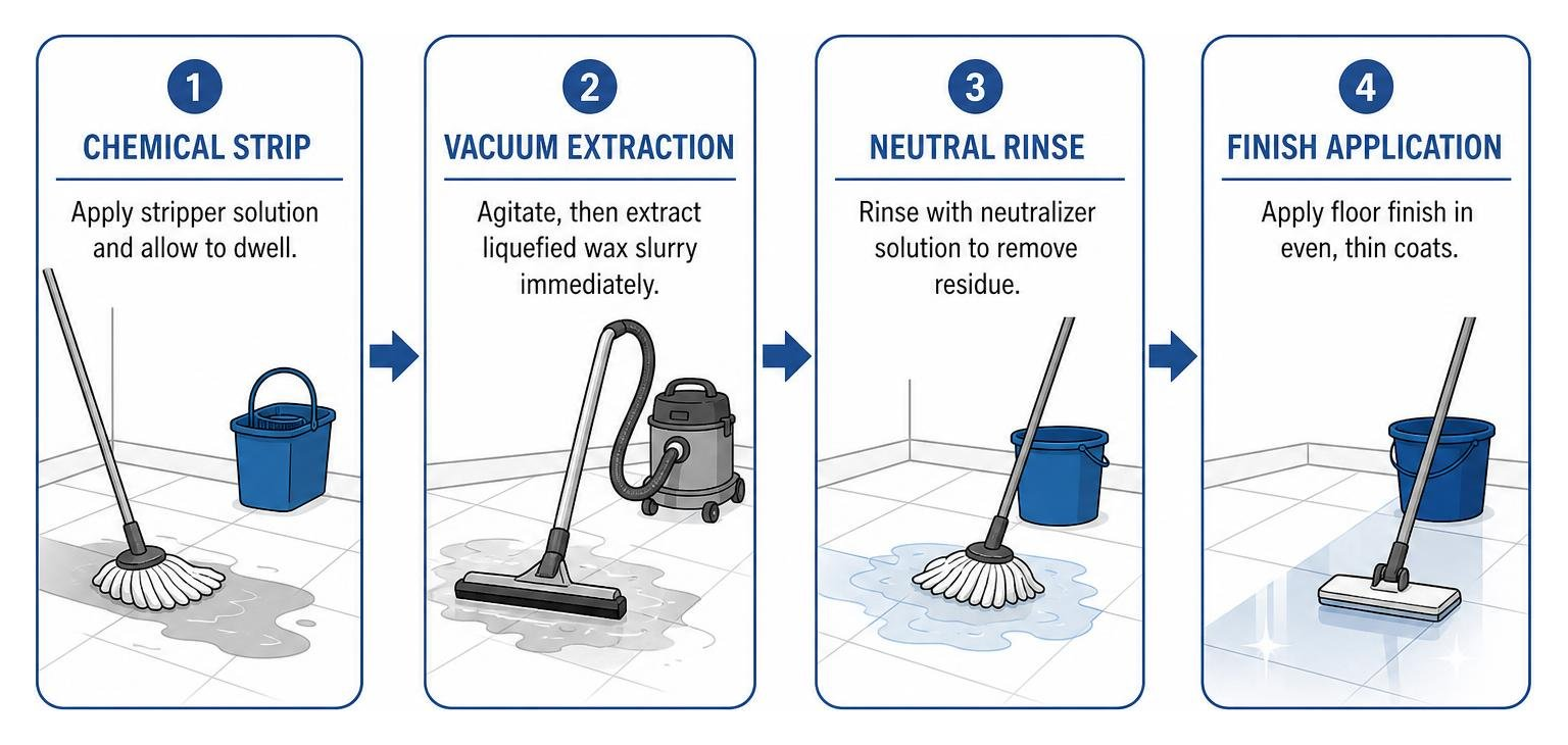 Diagram showing step-by-step chemical strip, vacuum extraction, neutral rinse, and finish application Diagram showing step-by-step chemical strip, vacuum extraction, neutral rinse, and finish application