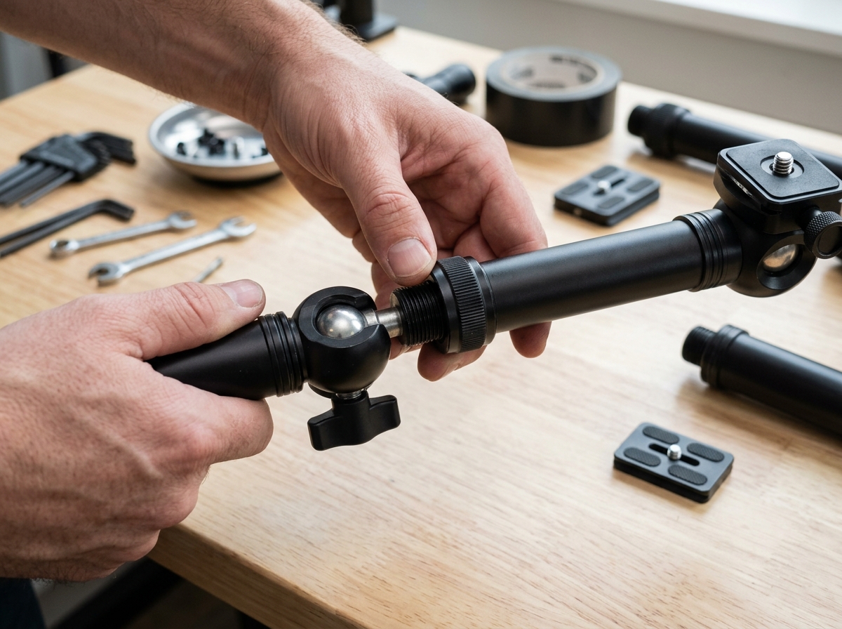 Modular arm sections being assembled for a custom overhead reach - flexible arm camera mounts