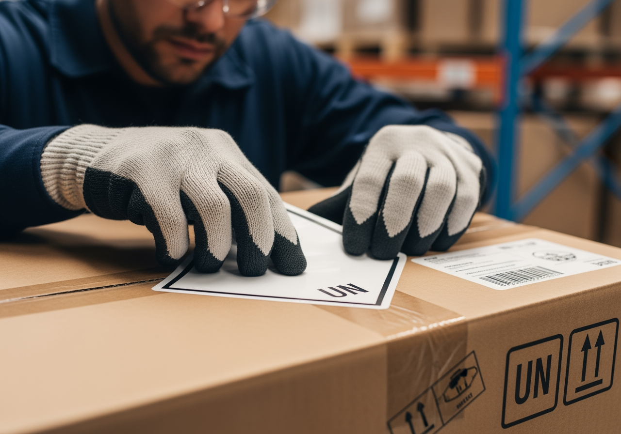 worker applying a hazard label to a UN-spec box - transporting dangerous goods worker applying a hazard label to a UN-spec box - transporting dangerous goods