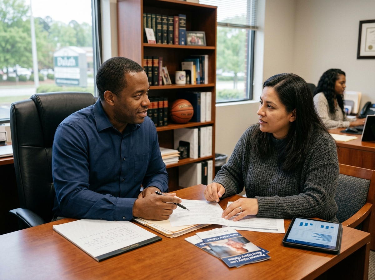 A Duluth, Georgia attorney in business-casual clothes (no tie) meeting with a Hispanic client in a casual sweater to discuss their burn case