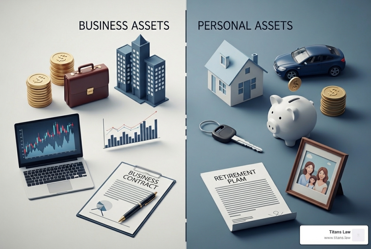 Business and personal assets comparison, featuring a laptop with financial graphs, briefcase, buildings, coins, house, car keys, piggy bank, and documents labeled "Business Contract" and "Retirement Plan," illustrating financial planning for prenuptial agreements.