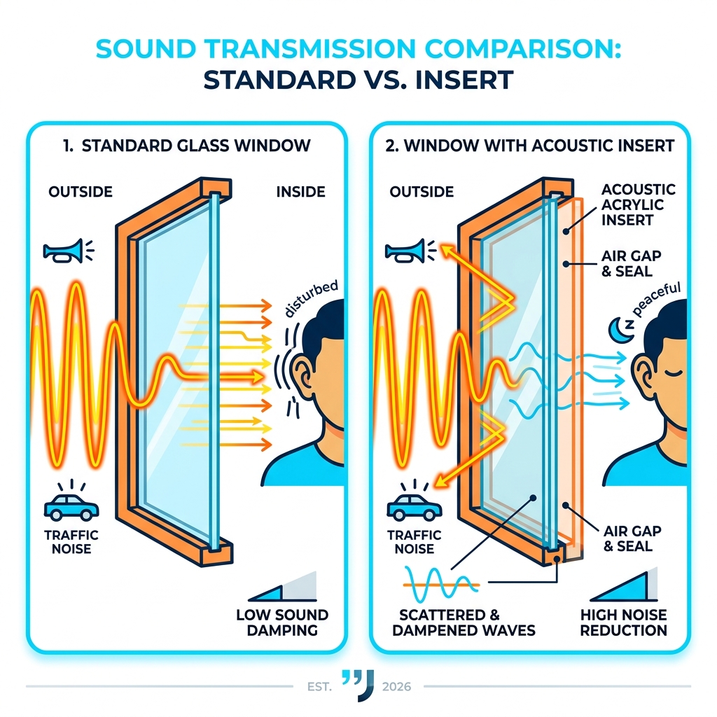 How sound waves penetrate standard glass and how an insert reduces transmission - soundproof window inserts infographic 