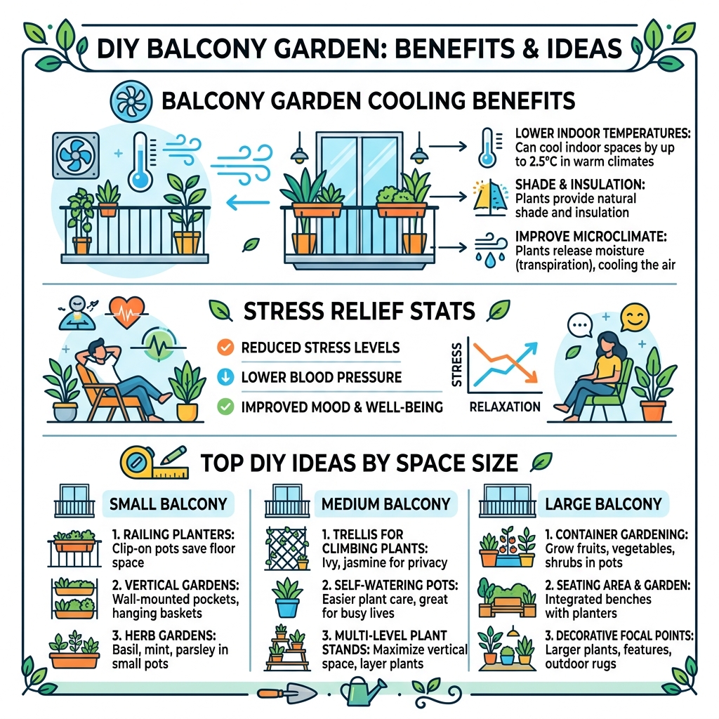 Infographic showing balcony garden cooling benefits, stress relief stats, and top DIY ideas by space size - diy balcony