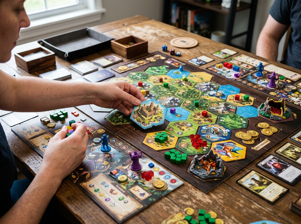 Modular board game tiles and components being added to a base game - expandable family board games Modular board game tiles and components being added to a base game - expandable family board games