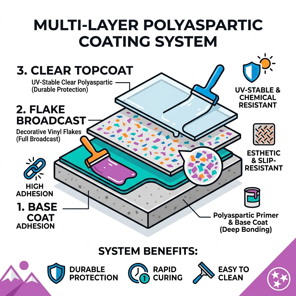 Multi-layer polyaspartic coating system infographic showing base coat, flake broadcast, and clear topcoat layers Multi-layer polyaspartic coating system infographic showing base coat, flake broadcast, and clear topcoat layers