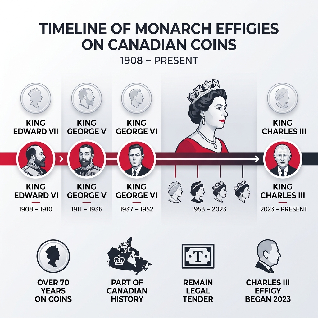 Timeline of monarch effigies on Canadian coins from 1908 to present day - elizabeth ii canada coin infographic 