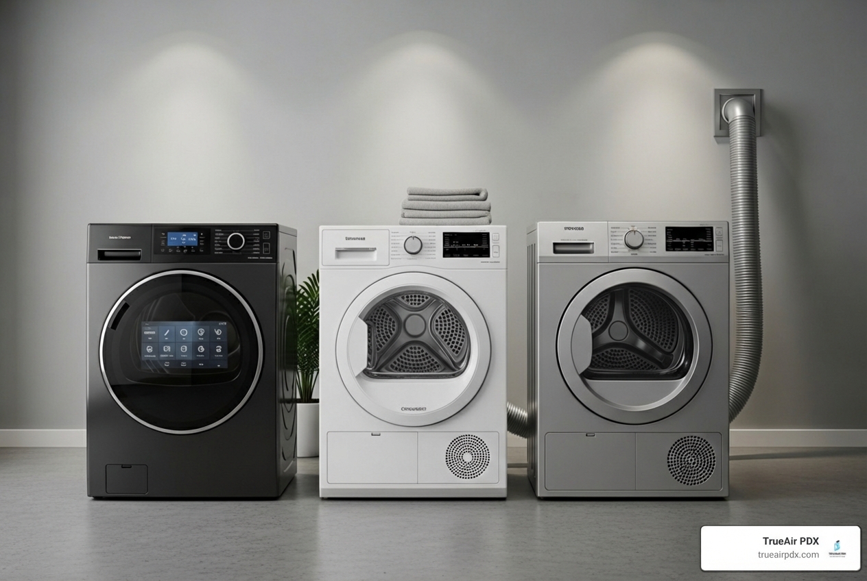 Three dryer types side-by-side: heat pump, condenser, and vented - energy saving dryer