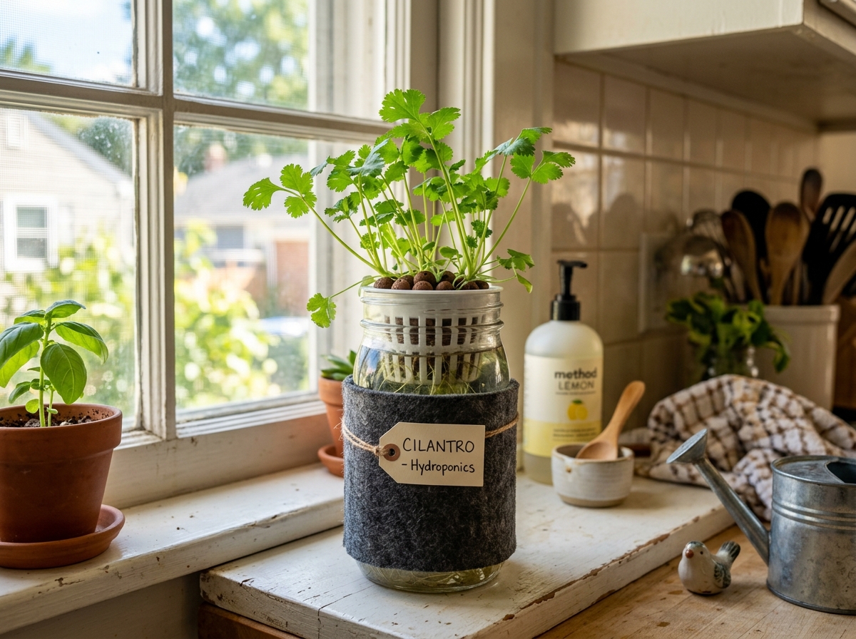 felt-sleeved mason jar kit on a windowsill - cilantro hydroponic grow kit felt-sleeved mason jar kit on a windowsill - cilantro hydroponic grow kit