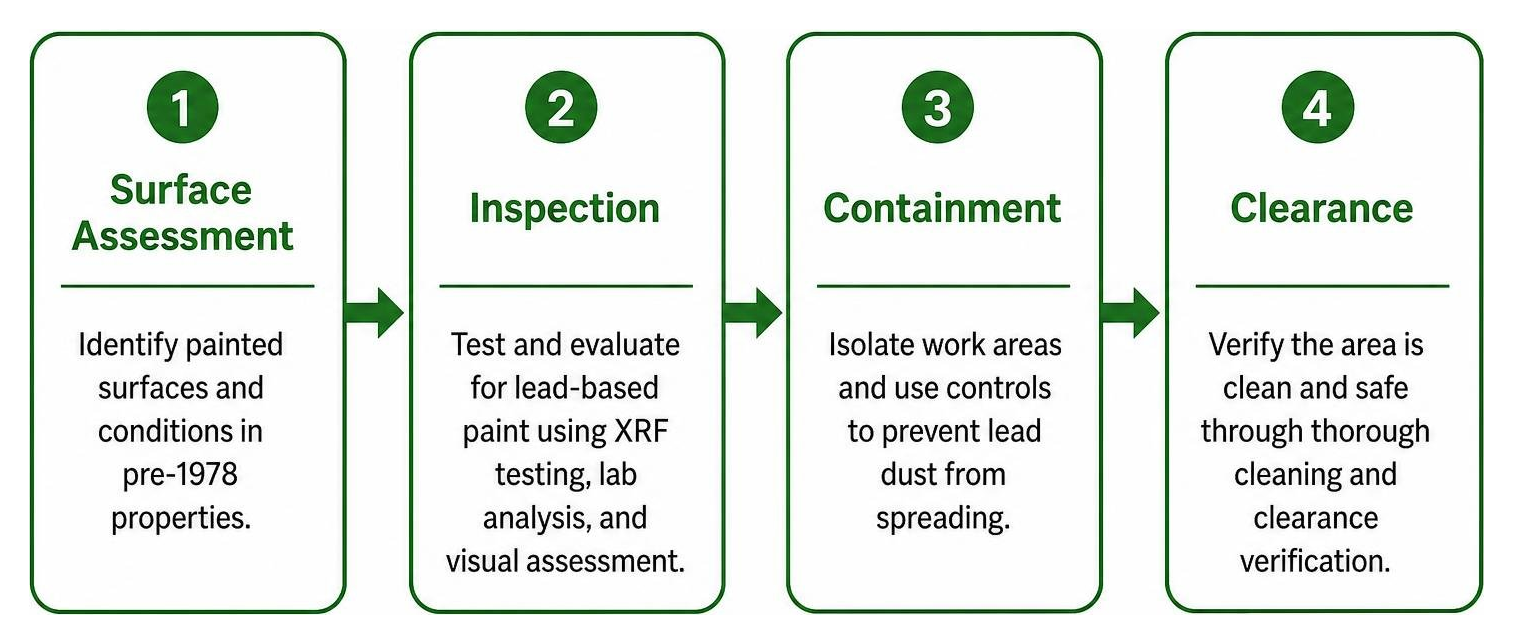 Testing to remediation workflow: surface assessment, inspection, containment, and clearance