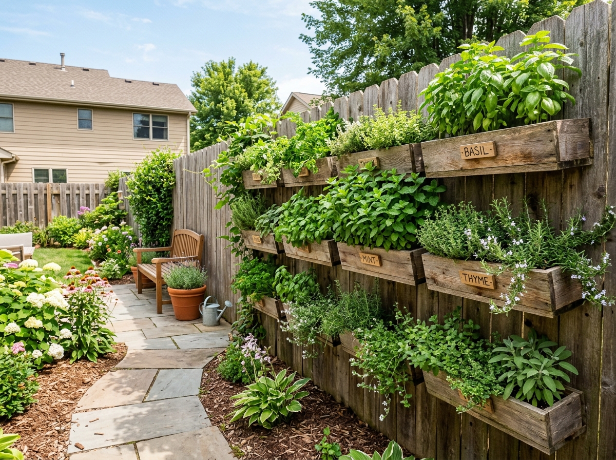 vertical herb wall on a wooden fence - easy small garden ideas