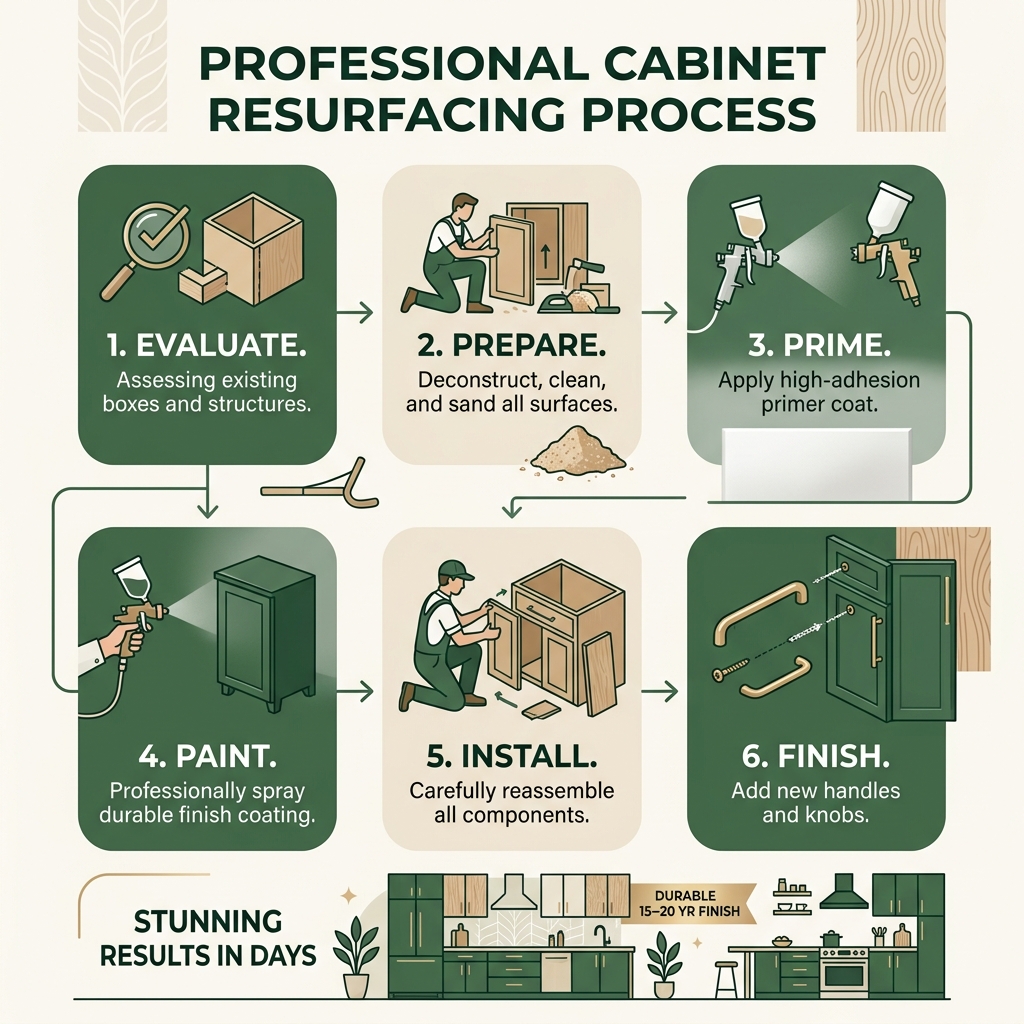 Cabinet resurfacing process infographic: inspection, prep, priming, painting, reinstallation, and final hardware - cabinet Cabinet resurfacing process infographic: inspection, prep, priming, painting, reinstallation, and final hardware - cabinet