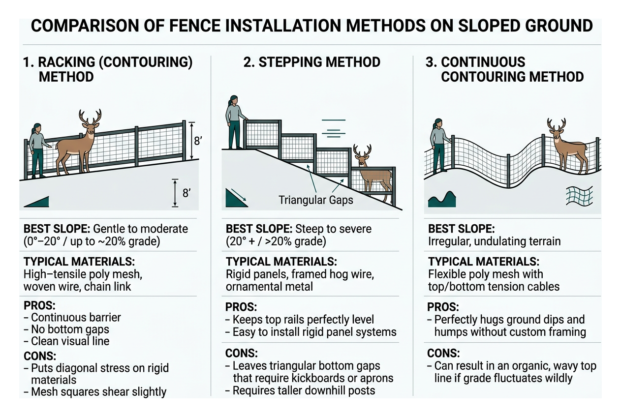 Comparison of stepped vs racked vs contoured fence methods on sloped ground