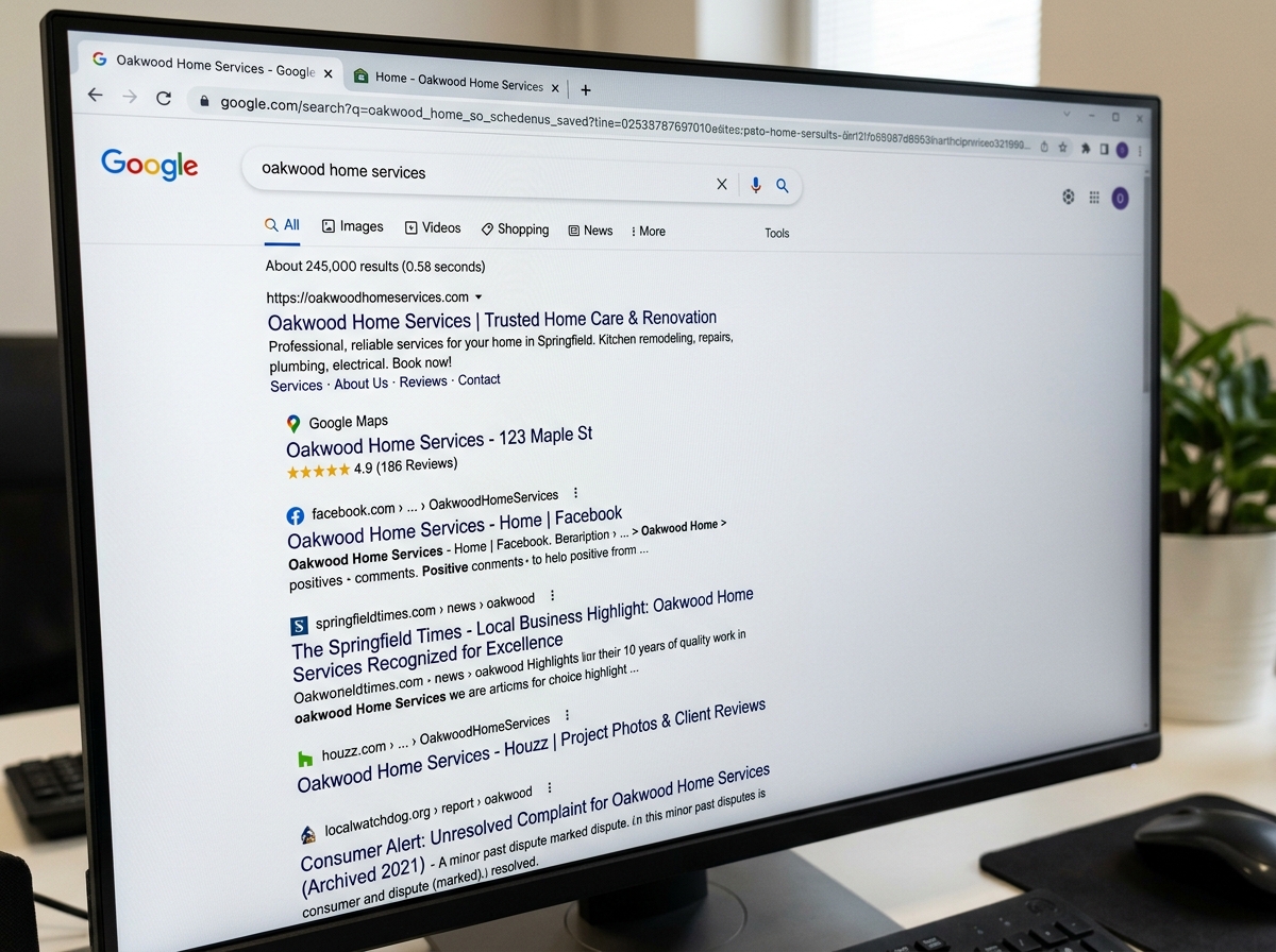 Search engine results showing positive content outranking a negative link - affordable reputation management